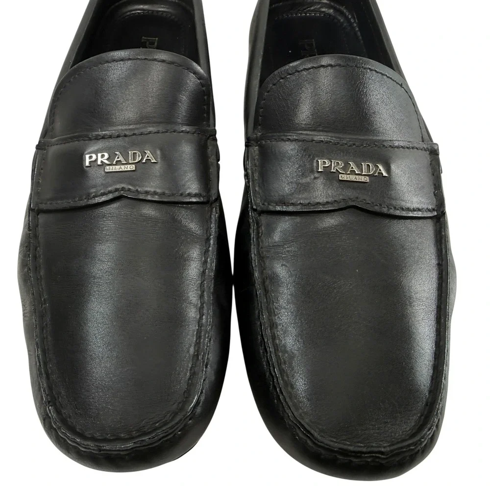 Prada Penny Loafers Driver Shoes Men's Size 8 Mens Black Leather Milano Logo - Picture 3 of 11